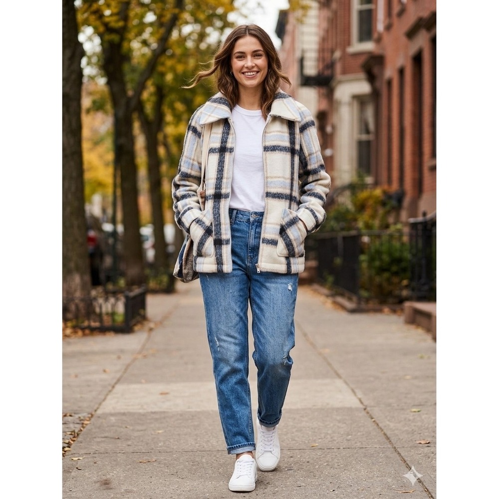 Bagatelle Collection Women's Large Plaid Zip Up Jacket Blue Tan  Shacket Casual